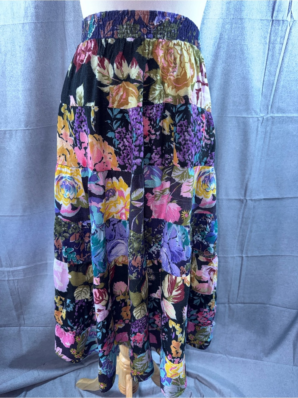 3277-In Group LTD Floral Tiered Black Maxi Skirt with Elastic Waist